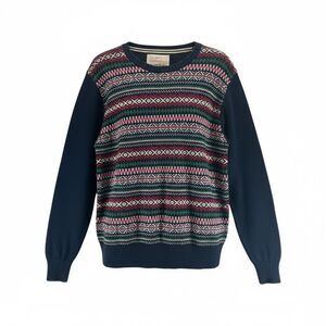Men’s M Fair Isle Knit Sweater Navy Multicolor 100% Cotton Winter Holiday